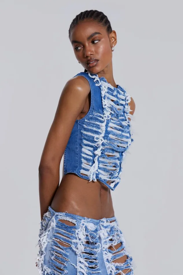 Jaded London Knitted Denim Distressed High Neck Tank Top Women CoOrds