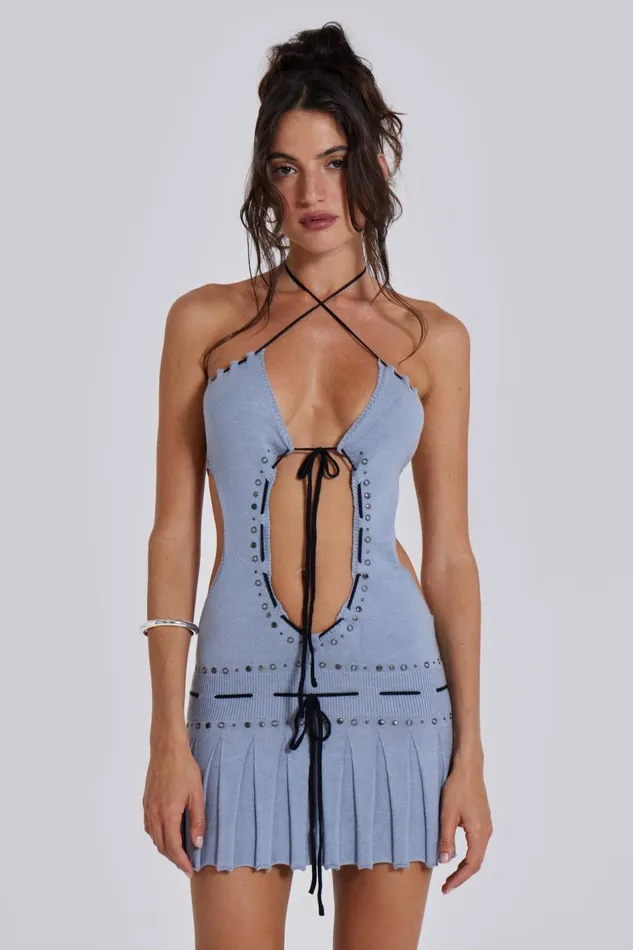 Jaded London Knitted Studded Tie Mini Dress Women Knitwear