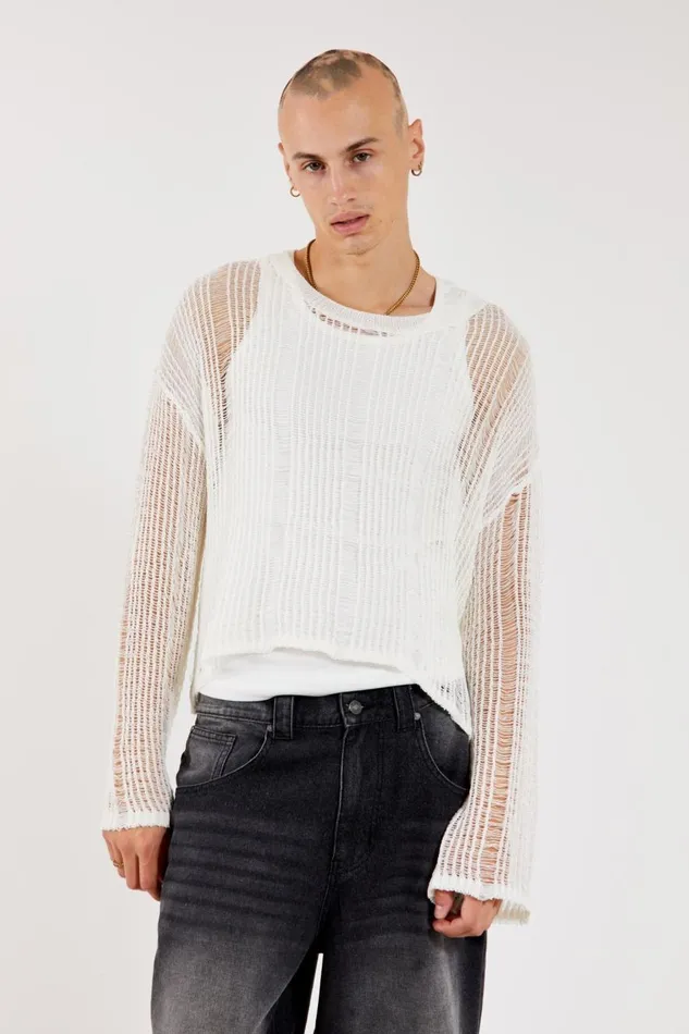 Jaded London Labyrinth White Loose Knit Jumper Men Knitwear