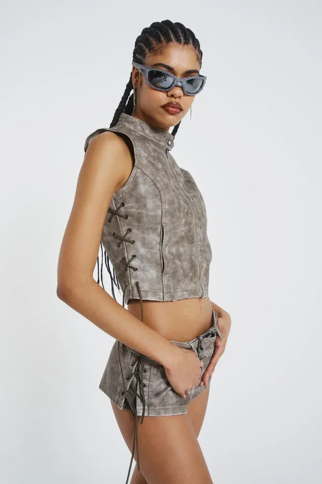 Jaded London Lace Up Side PU Hot Pants Women CoOrds