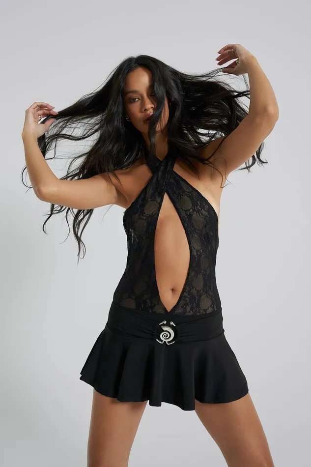 Jaded London Lace Wrap Over Mini Dress With Frill Skirt And Hardware Belt Women Mini Dresses