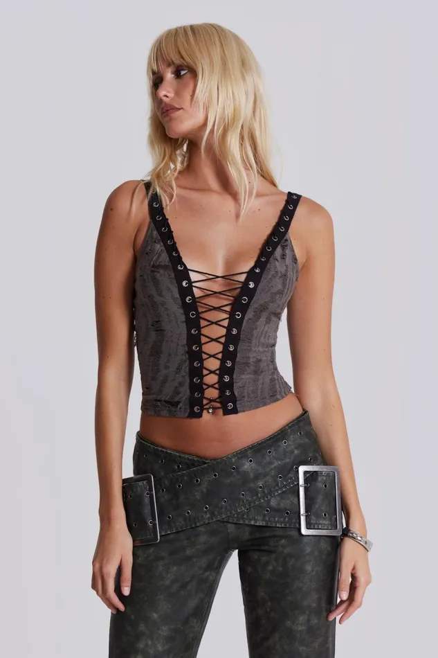 Jaded London Laddered Knitted Lace Up Top Women Crop Tops
