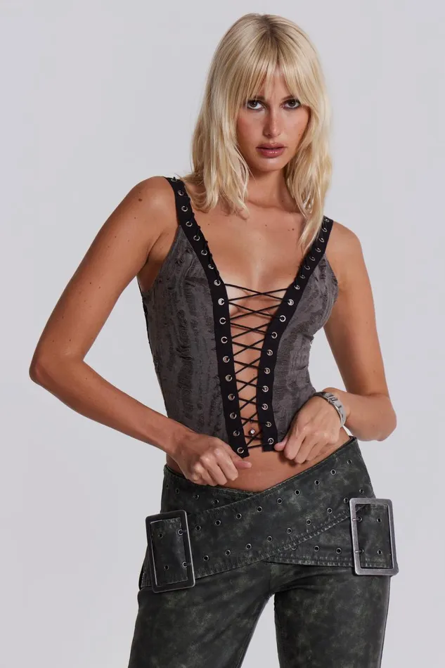 Jaded London Laddered Knitted Lace Up Top Women Crop Tops