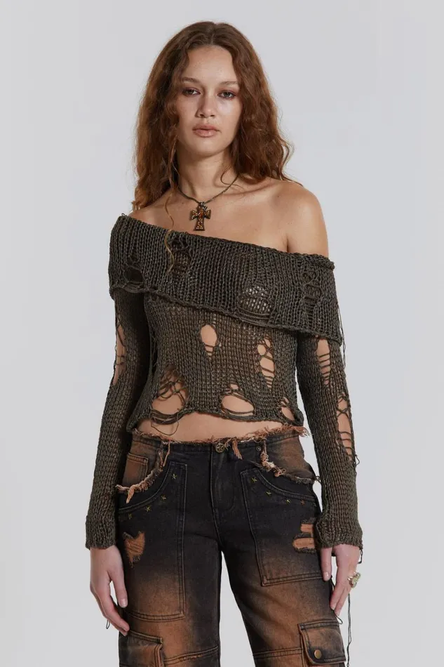 Jaded London Laddered Layer Knitted Off The Shoulder Top Women Knitwear