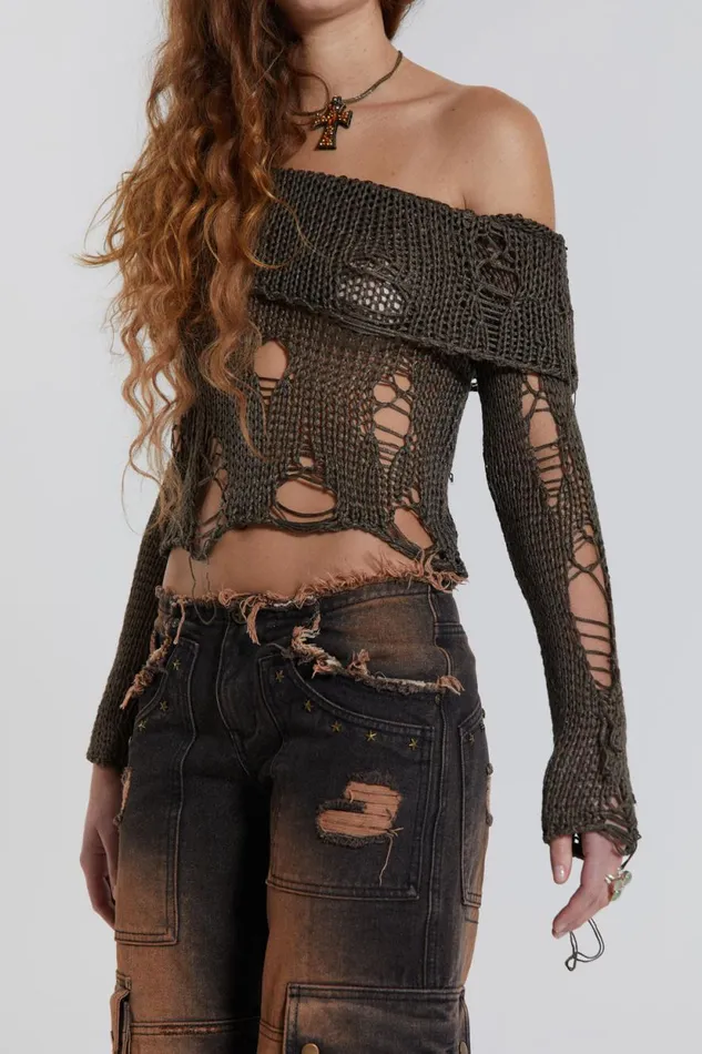 Jaded London Laddered Layer Knitted Off The Shoulder Top Women Knitwear