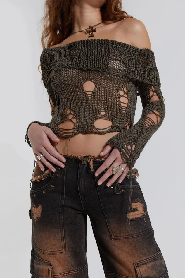 Jaded London Laddered Layer Knitted Off The Shoulder Top Women Knitwear