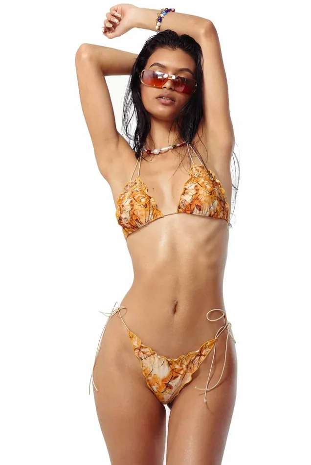 Jaded London Leaf Print Ruffle Edge Micro Bottoms With Tie Sides Women Bikini Bottoms