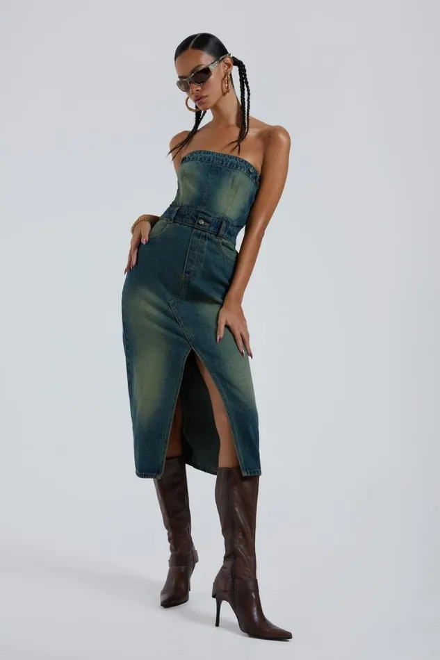 Jaded London Liberty 2 In 1 Detachable Denim Blue Midi Dress Women CoOrds