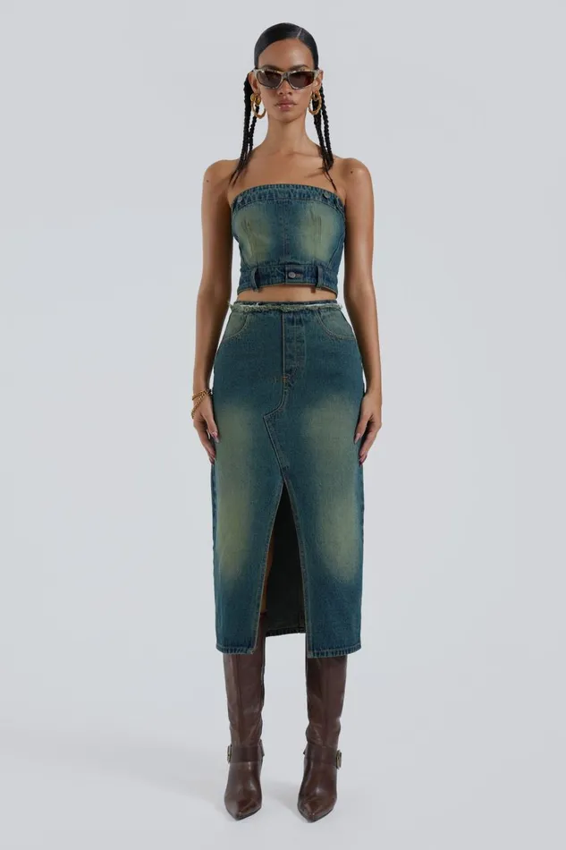 Jaded London Liberty 2 In 1 Detachable Denim Blue Midi Dress Women CoOrds