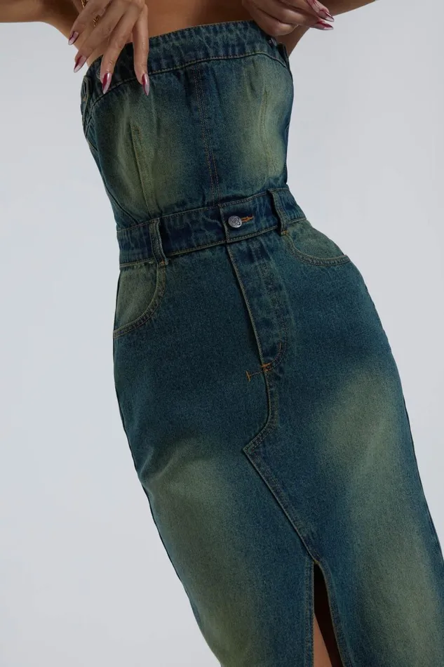 Jaded London Liberty 2 In 1 Detachable Denim Blue Midi Dress Women CoOrds