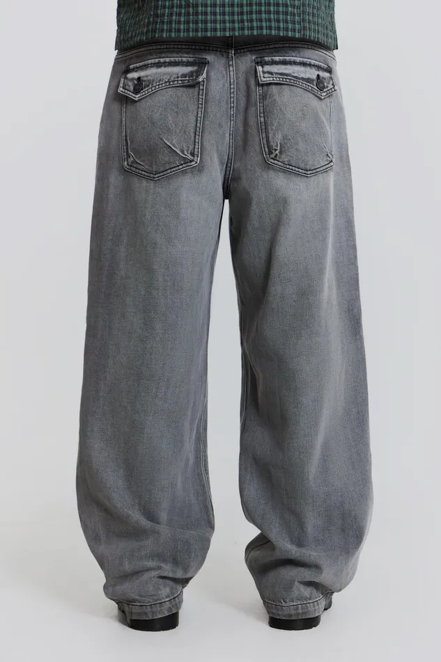 Jaded London Light Grey Washed Razor Jeans Men Baggy Jeans