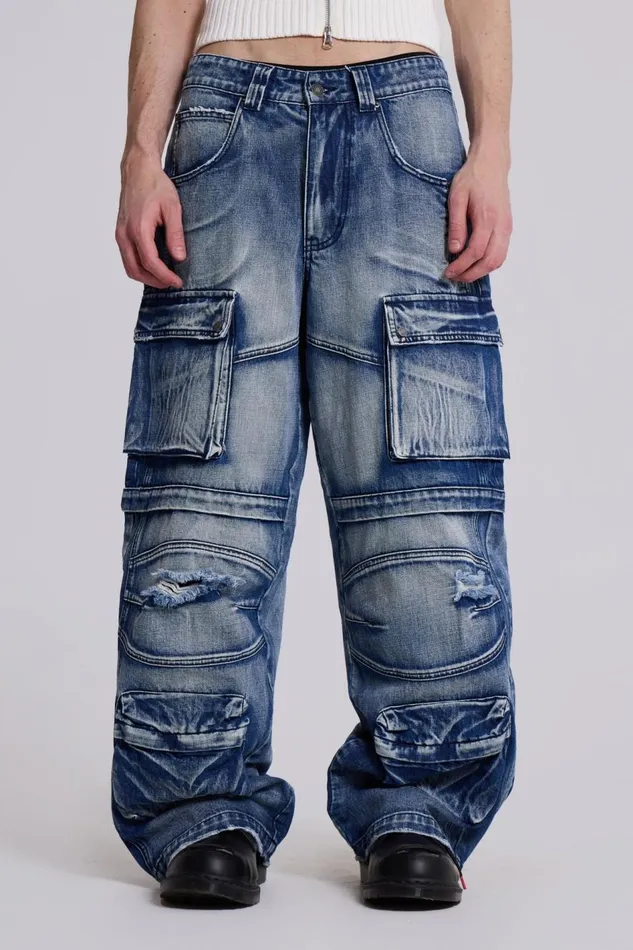 Jaded London Light Wash Apex Denim Cargos Men Baggy Jeans