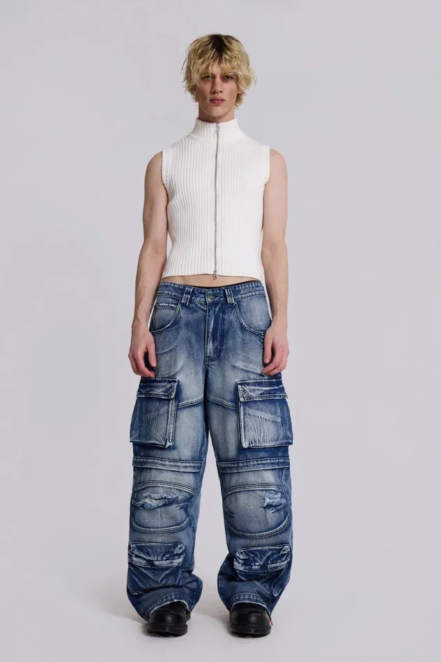 Jaded London Light Wash Apex Denim Cargos Men Baggy Jeans