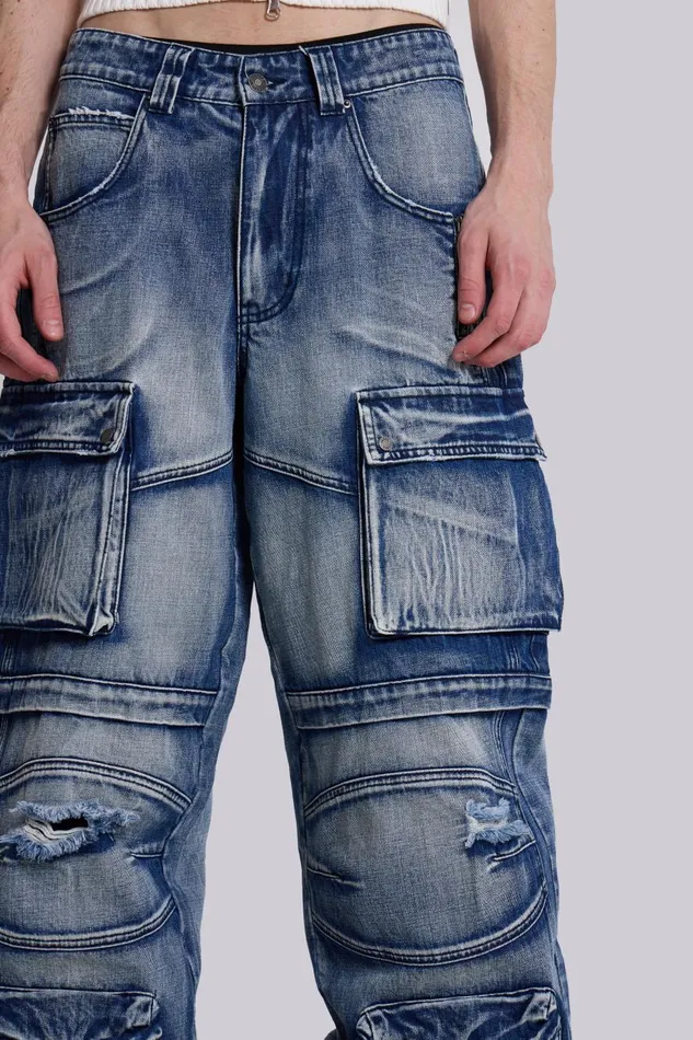 Jaded London Light Wash Apex Denim Cargos Men Baggy Jeans