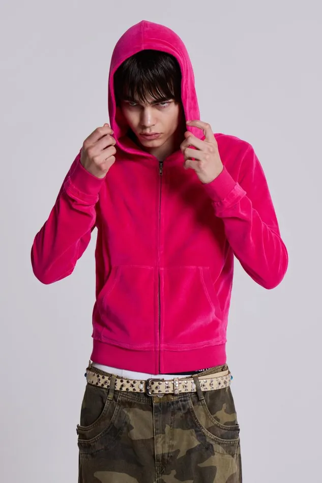 Jaded London Low Life Pink Velour Hoodie Men Hoodies and Sweatshirts