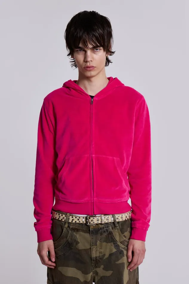 Jaded London Low Life Pink Velour Hoodie Men Hoodies and Sweatshirts