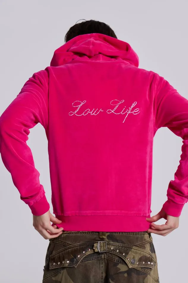 Jaded London Low Life Pink Velour Hoodie Men Hoodies and Sweatshirts