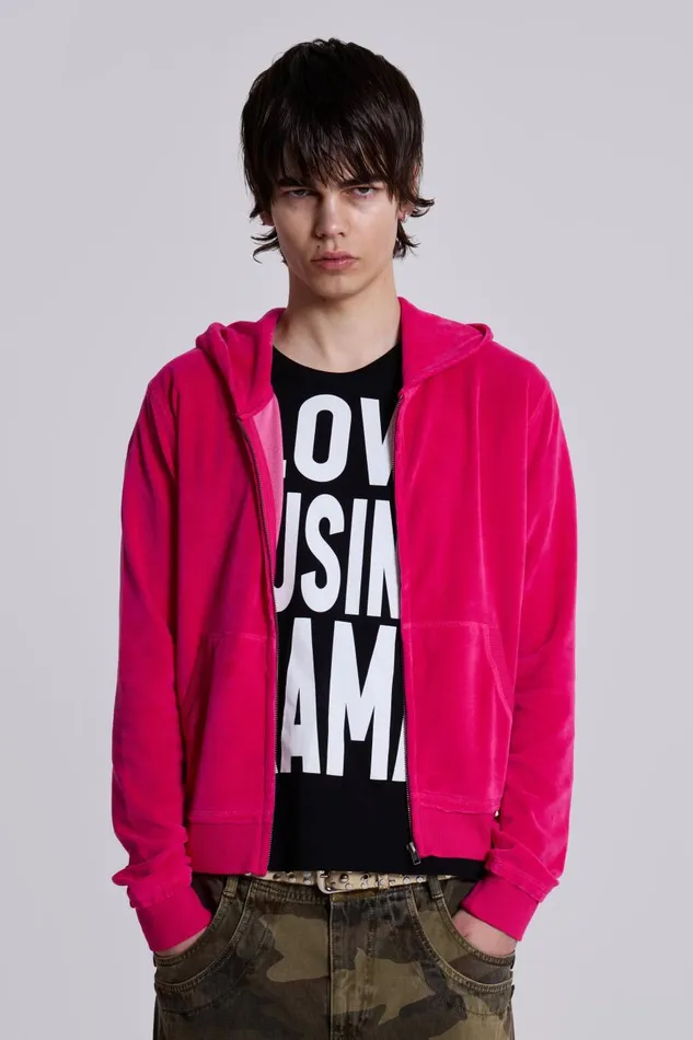 Jaded London Low Life Pink Velour Hoodie Men Hoodies and Sweatshirts