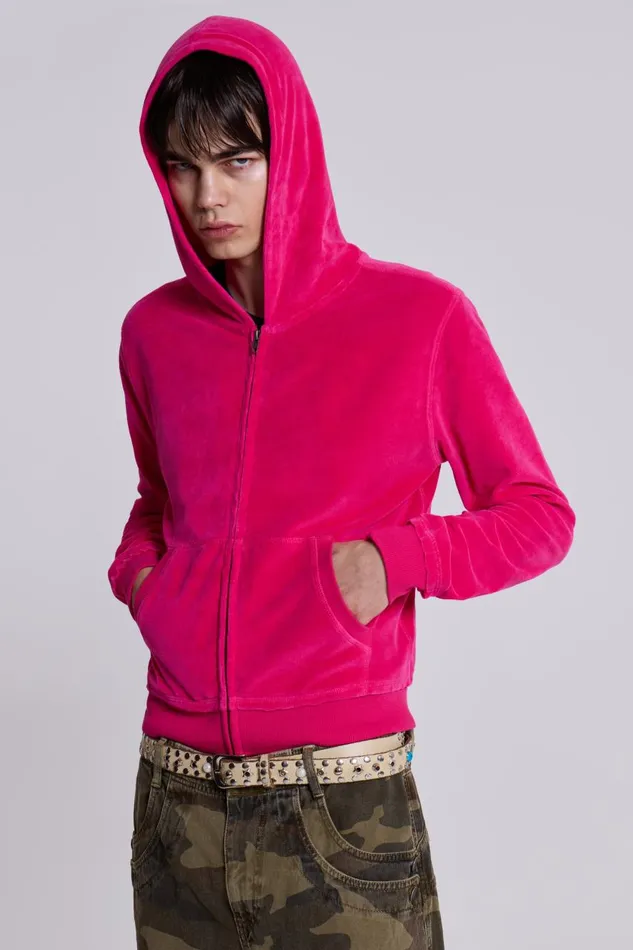 Jaded London Low Life Pink Velour Hoodie Men Hoodies and Sweatshirts