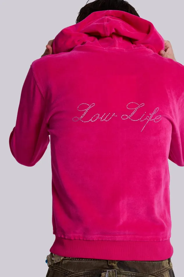Jaded London Low Life Pink Velour Hoodie Men Hoodies and Sweatshirts