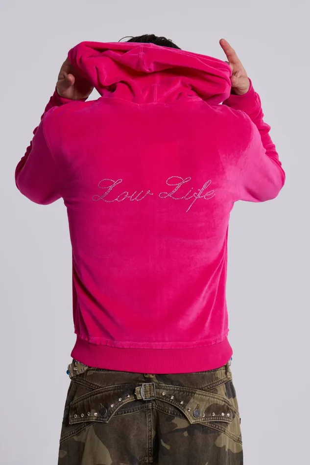 Jaded London Low Life Pink Velour Hoodie Men Hoodies and Sweatshirts