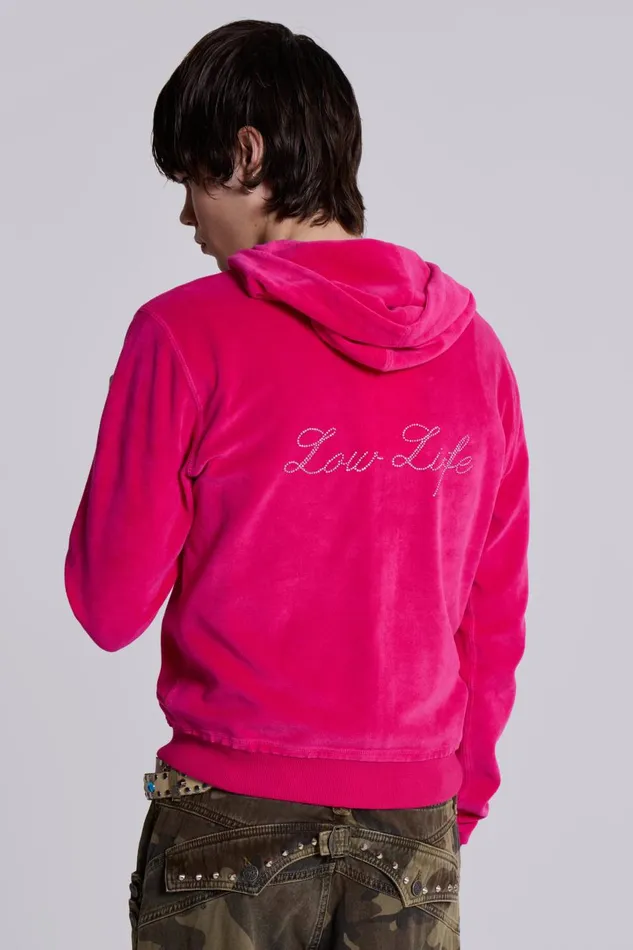 Jaded London Low Life Pink Velour Hoodie Men Hoodies and Sweatshirts