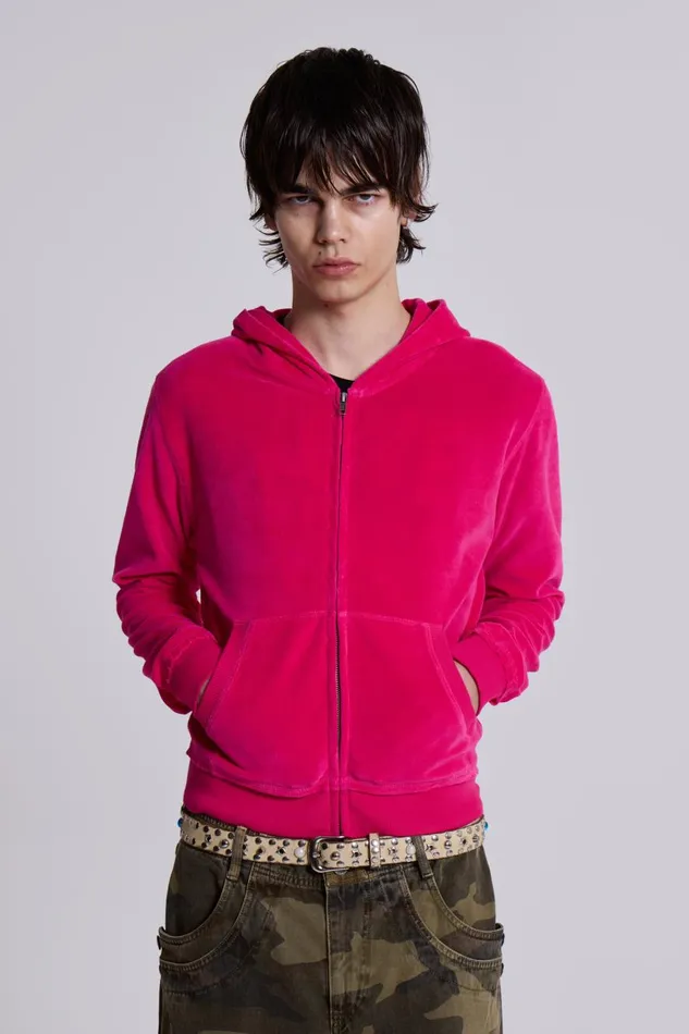 Jaded London Low Life Pink Velour Hoodie Men Hoodies and Sweatshirts