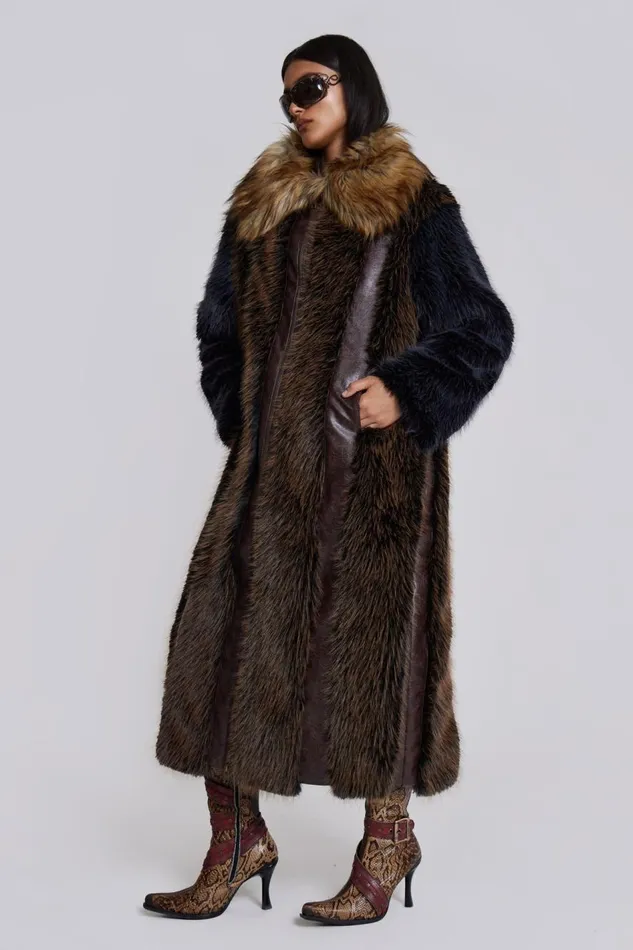 Jaded London Maxi Length Fur and Leather Coat Women Outerwear
