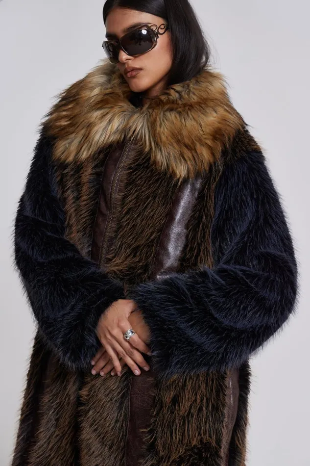 Jaded London Maxi Length Fur and Leather Coat Women Outerwear