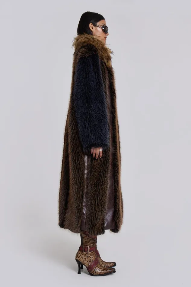 Jaded London Maxi Length Fur and Leather Coat Women Outerwear