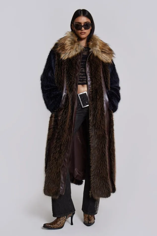 Jaded London Maxi Length Fur and Leather Coat Women Outerwear
