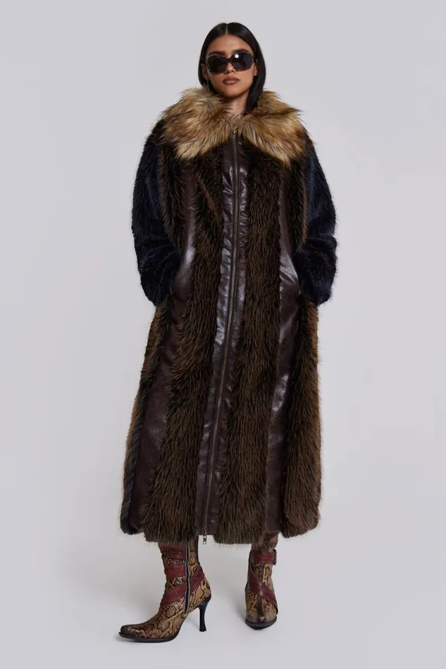 Jaded London Maxi Length Fur and Leather Coat Women Outerwear