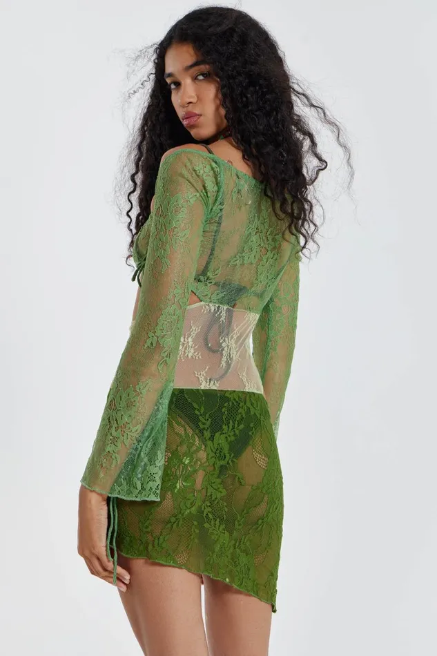 Jaded London Mixed Green Long Sleeve Mixed Lace Mini Dress With Slash Cut Out Detail Women Mini Dresses