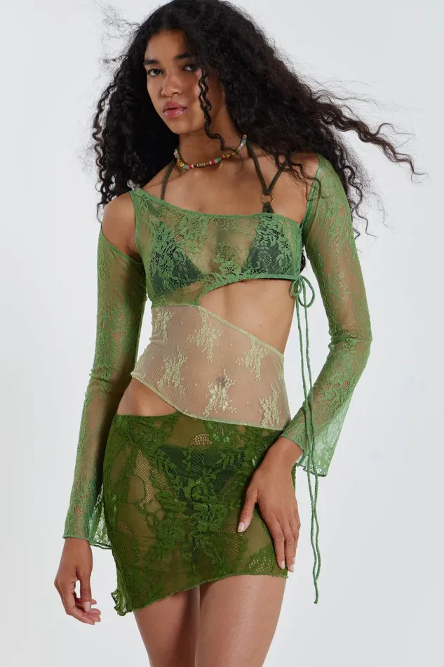 Jaded London Mixed Green Long Sleeve Mixed Lace Mini Dress With Slash Cut Out Detail Women Mini Dresses