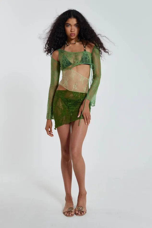 Jaded London Mixed Green Long Sleeve Mixed Lace Mini Dress With Slash Cut Out Detail Women Mini Dresses