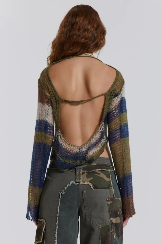 Jaded London Navy and Khaki Fine Knit Backless Jumper Women Knitwear