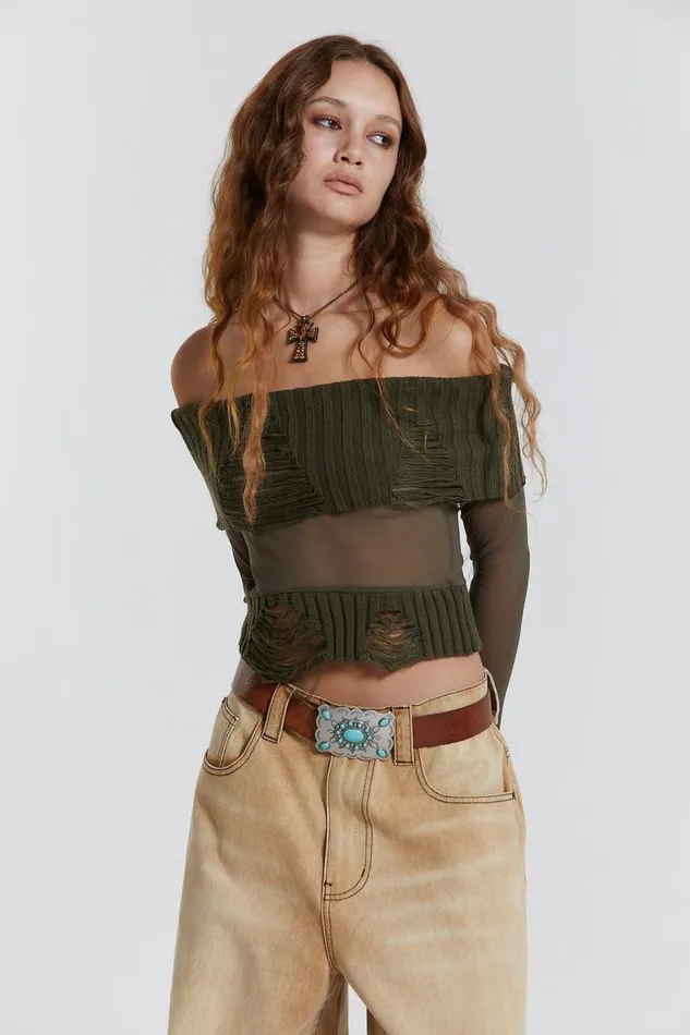 Jaded London Nova Off The Shoulder Mesh Top Women Knitwear