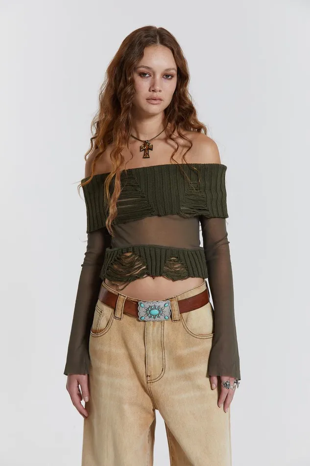 Jaded London Nova Off The Shoulder Mesh Top Women Knitwear