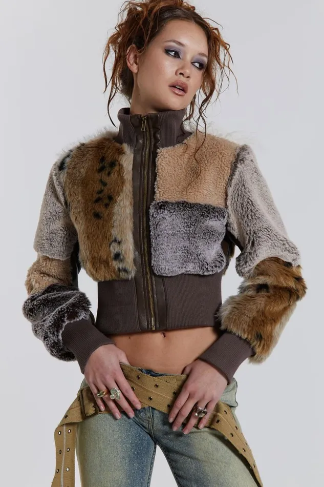 Jaded London Patchwork Faux Fur Cropped Bomber Jacket Women Knitwear