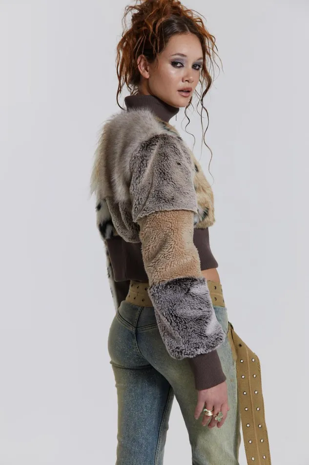 Jaded London Patchwork Faux Fur Cropped Bomber Jacket Women Knitwear