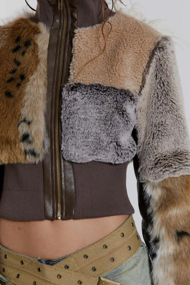 Jaded London Patchwork Faux Fur Cropped Bomber Jacket Women Knitwear