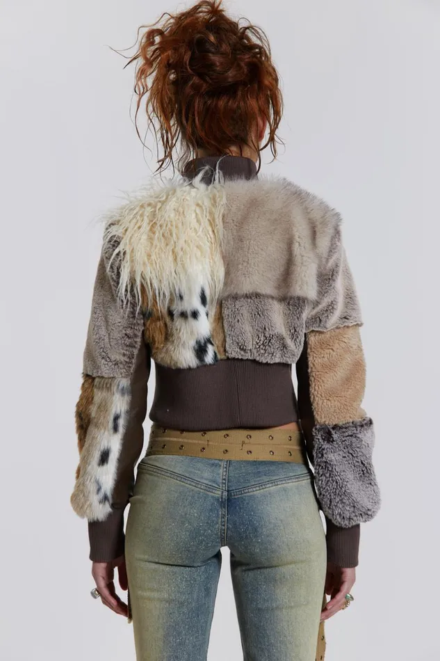 Jaded London Patchwork Faux Fur Cropped Bomber Jacket Women Knitwear