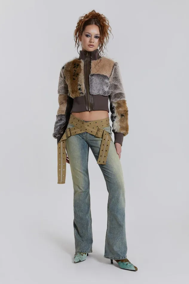 Jaded London Patchwork Faux Fur Cropped Bomber Jacket Women Knitwear