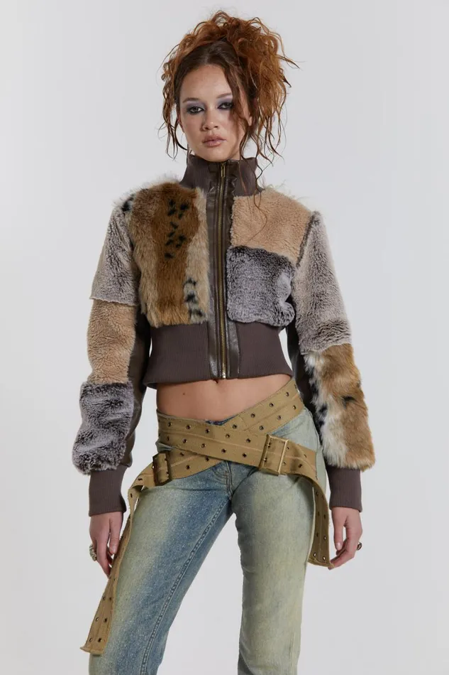 Jaded London Patchwork Faux Fur Cropped Bomber Jacket Women Knitwear