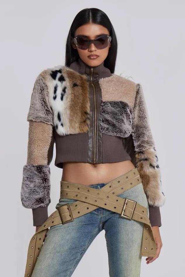 Jaded London Patchwork Faux Fur Cropped Bomber Jacket Women Knitwear