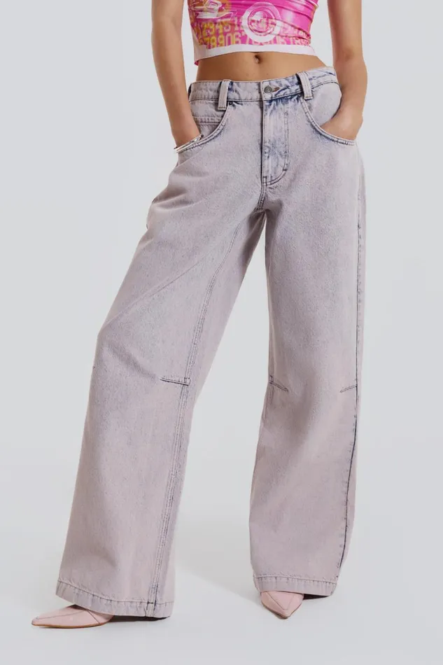 Jaded London Pink Acid Wash Low Rise Colossus Baggy Jeans Women Jeans