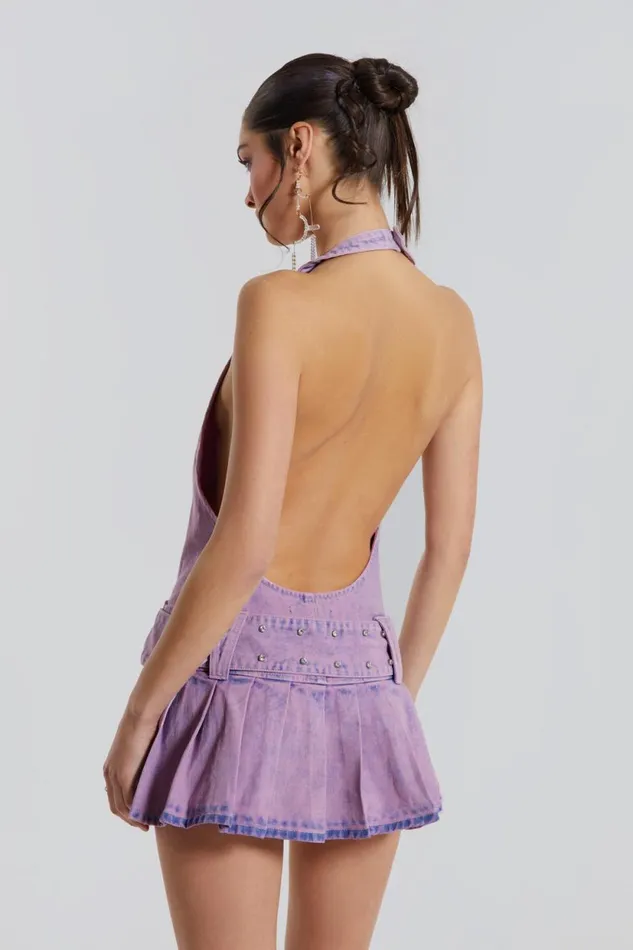 Jaded London Pink Denim Plunged Belted Mini Dress Women Mini Dresses