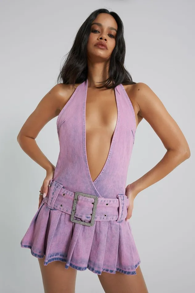 Jaded London Pink Denim Plunged Belted Mini Dress Women Mini Dresses