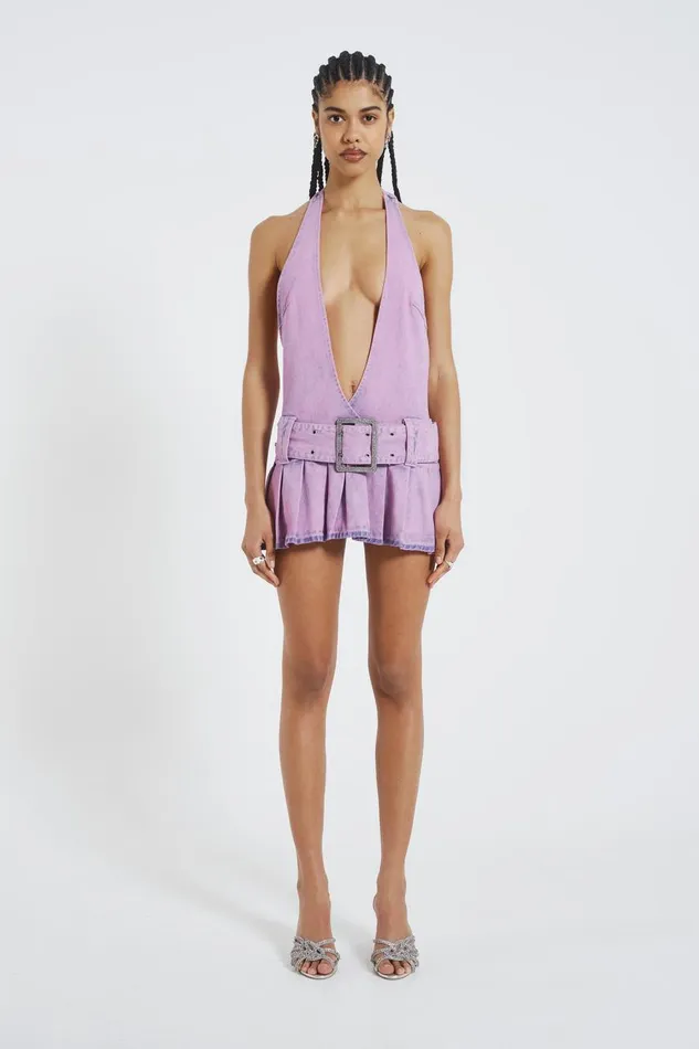 Jaded London Pink Denim Plunged Belted Mini Dress Women Mini Dresses