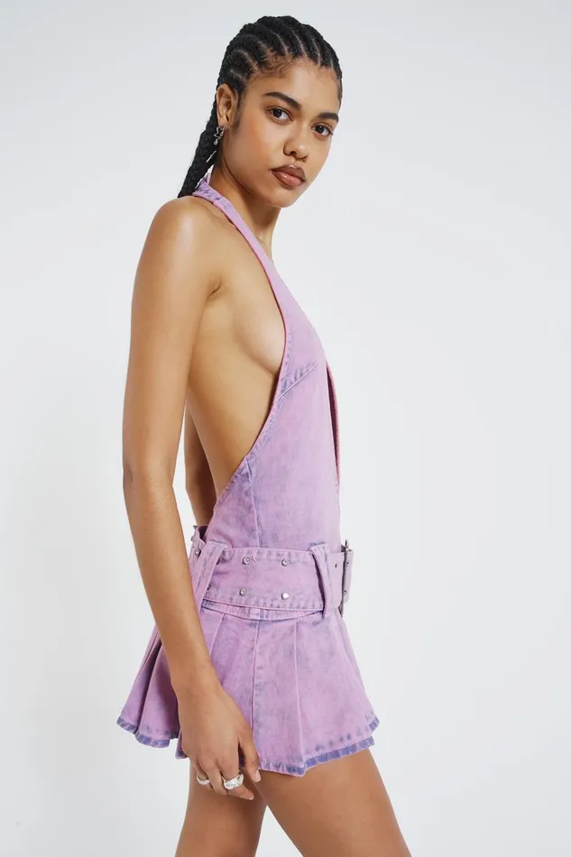 Jaded London Pink Denim Plunged Belted Mini Dress Women Mini Dresses